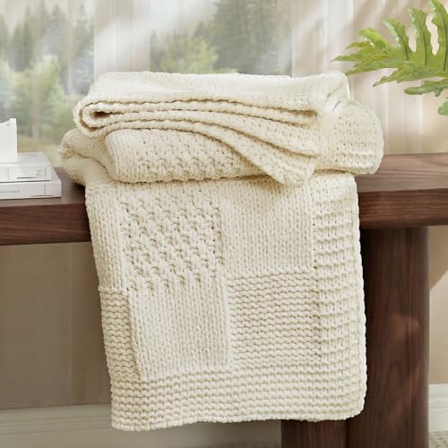 Knit Throw Blanket, Soft Chenille Cozy Breathable Checkered Chunky Decorative Blanket for Couch, Bed & Sofa, French-Inspired Lightweight Warm Gift for Women, Ivory, 50"x60" - color: Checkered Ivory, size: Checkered Knit 50"x60"