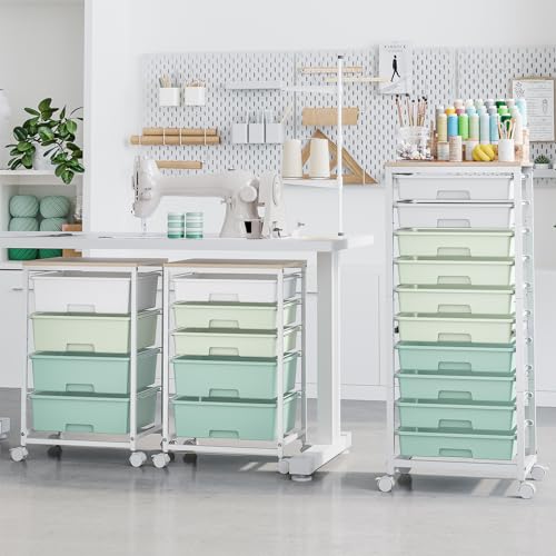 Sykiariol 10 Drawer Rolling Cart,Green | Rolling Cart for Craft Storage,Storage Cart with Lockable Wheels and Wooden Tabletop for Classroom,Office,Living Room - color: Green