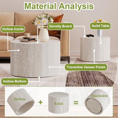 18 inch Round Travertine Nesting Coffee Table Set of 2, Terrazzo | Travertine Veneer, For Living Room, Mid-Century Modern Style, Nestable Design, Circular Nested End Table, For Small Spaces - color: Terrazzo