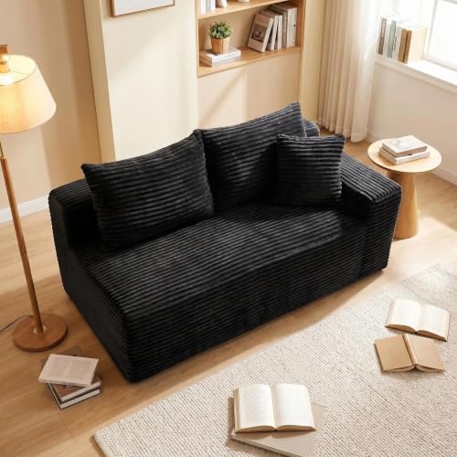 Black Corduroy Armless Loveseat Sofa, Compressed Small 2-Seater Couch for Living Room, Compact Apartment Furniture