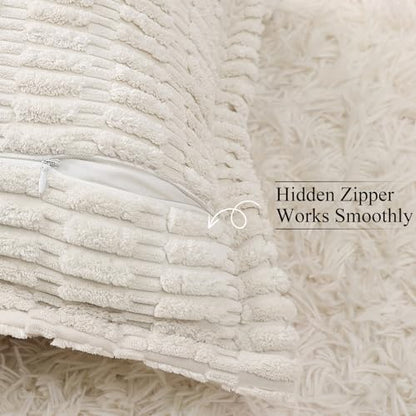 decorUhome Decorative Cream White Throw Pillow Covers 18x18 Set of 2 with Splicing, Boho Soft Corduroy Broadside Twill Spring Pillow Covers for Couch Bed Sofa Living Room | Boho Decorative Soft Broadside Twill Accent Modern Farmhouse Neutral Pillow Covers