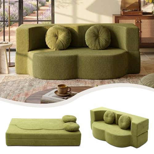 76" Convertible Folding Futon Sofa Bed, Queen Sleeper Sofa with Pillow, Teddy Floor & Futon Loveseat Couch, Foam Folding Mattress Sleeper for Living Room, Guest Use, Apartment, No Assembly (Green) - color: Green