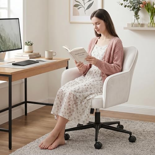 DurayLoly Desk Chair with Shell Back & 360° Swivel Wheels | Comfy Velet Vanity Chair,Adjustable Height,Stylish and Comfortable for Makeup, Work & Relaxation,Beige - color: Beige