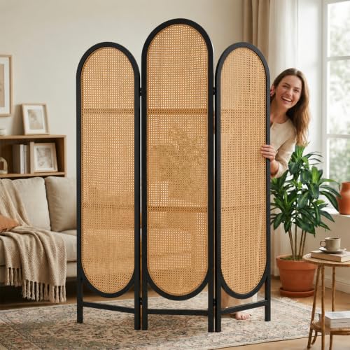 3 Panel Rattan Room Divider Screen, Boho Folding Privacy Screen | Decorative Room Divider Panel, Foldable Boho Wood Room Partition, Portable Wall Divider for Room Separation Indoor, Black - color: 3 Panels Black, size: 3 Panels