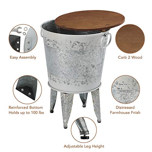 RUSTOWN Farmhouse Side Tables Set of 2, Galvanized Metal Bucket End Table | Storage Metal Bin with Round Wooden Lid, Accent Side Table, Rustic Antique Cocktail Table for Living Room, Bedroom, Outdoor - color: Distressed White