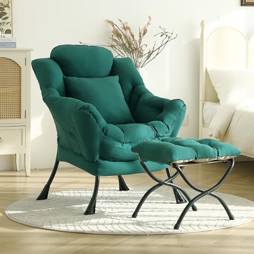 Lazy Chair with Ottoman, Comfy Reading Chair for Bedroom, Green | Comfy Bedroom Accent Chair with Washable Removable Cover and extra throw pillow for Living Room Dorm - color: Peach Dark Green-1