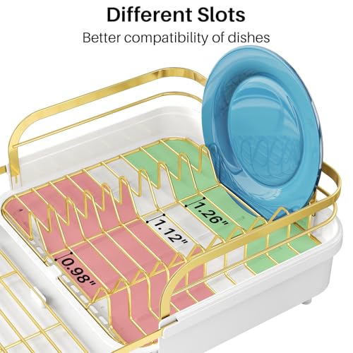 SNTD Expandable Dish Drying Rack for Kitchen Counter, 15.2-22.1 in, Gold | Rust-Resistant Stainless Steel, Protective Side Rails, Self-Draining Drainboard, Removable Utensil Holder - color: Gold