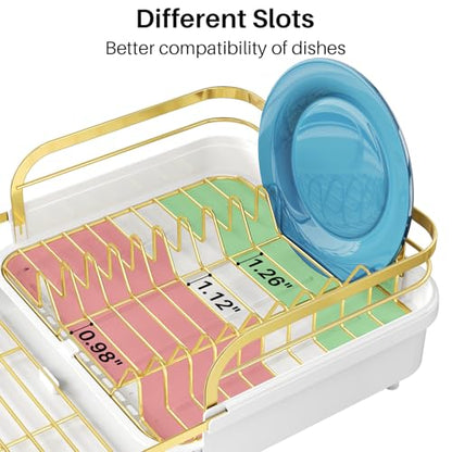 SNTD Expandable Dish Drying Rack for Kitchen Counter, 15.2-22.1 in, Gold | Rust-Resistant Stainless Steel, Protective Side Rails, Self-Draining Drainboard, Removable Utensil Holder - color: Gold