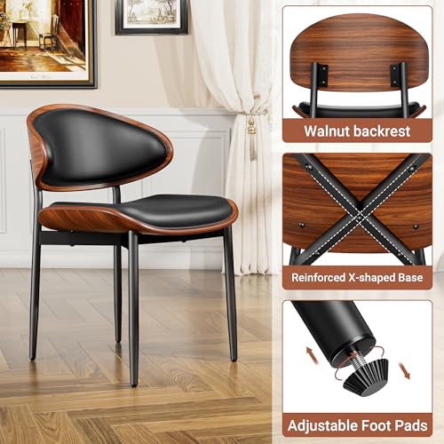 YaFiti Dining Chairs Set of 2, Mid Century PU Leather Kitchen Chairs, Black | Ergonomic Walnut Backrest, Upholstered Waterproof PU Leather Seat, Stable Metal Legs, Adjustable Footpads, Apartment Friendly - color: Black Pu