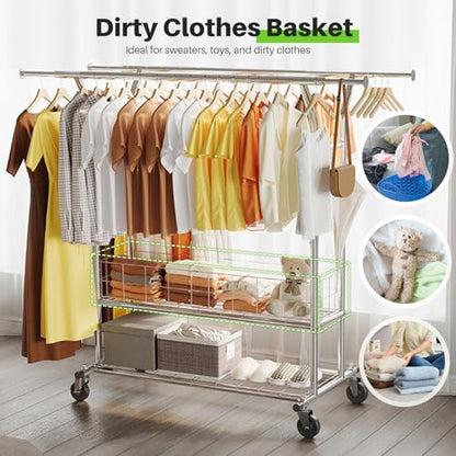 HOKEEPER Heavy Duty Clothes Rack Load 635 LBS, Double Rod with Metal Basket | Adjustable Clothing Rack, Rolling Garment Rack with Wheels for Bedroom, Living Room, Large Storage Space, 21.6"Dx71"Wx68"H - color: Silver