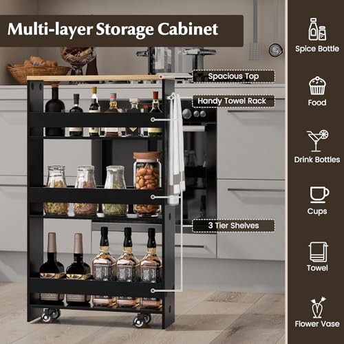 Slim Storage Cart, 4-Tier Rolling Cart with Handle & Wooden Top for Kitchen Bathroom Laundry Living Room Narrow Small Spaces, 5 Inches Width (Black & Natural) - color: Black & Natural