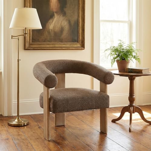 VKNOW Barrel Accent Chair, Vanity Chair with Armrests and Rubberwood Legs | Mid Century Modern Upholstered Living Room Chairs with Open Back, Chenille Fabric, arm chair for Living Room, Bedroom, Brown - color: Brown, size: Set of 1