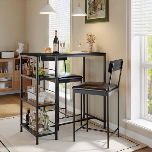 GarveeLife Dining Table Set for 2, Counter Height Bar Table Set with Storage ＆ Stools, High Top Pub Table and Chairs for Kitchen, Dining Room, Sofa Side, Apartment, Breakfast Nook - color: Black