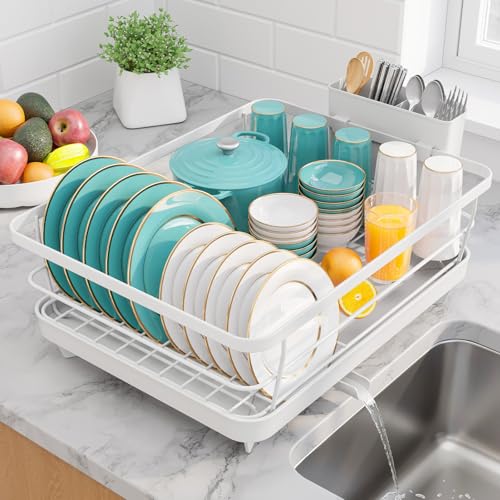 Sakugi Dish Drying Rack - Stainless Steel Dish Rack with Drainboard for Kitchen Counter and Sink, 15.6" D x 12" W x 5" H, White - color: White, size: 15.6"D x 12"W x 5"H
