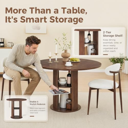 3-Piece Walnut Round Dining Table Set with 2 Upholstered Chairs, 47 Inch Kitchen Table for 2-4, Circle Dining Room Table Set with 2-Tier Storage Shelf, Wood Top Metal Frame for Small Spaces - color: Walnut