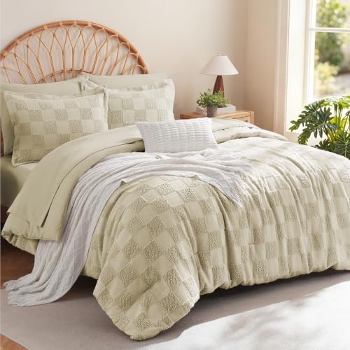 MR&HM King Size Comforter Set 7 Pieces, Checkered Boho Tufted Bed Set Linen | Farmhouse Vintage Bed with Plaid Geometric Design, All-Season Bed in A Bag Comforter with Sheets, Pillow Shams & Pillowcases - color: 2- Linen- Checkered, size: King