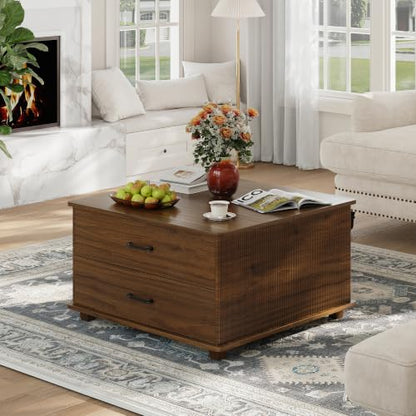 MALOL Storage Coffee Table with 2 Drawers & Flip-Top Lid with Hidden Storage, Modern Fluted Wood Coffee Table, Solid Wood Legs, Square Center Table for Living Room, Walnut - color: Walnut
