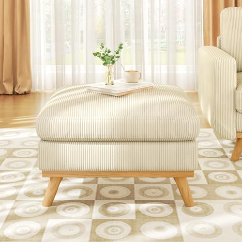 Vesgantti Large Ottoman for Modular Sofa, 29.5" Corduroy Pouf Ottoman with Spring Cushion, Rectangle Foot Rest for Couch, Entrance Footstool with Wood Legs, Footstool for Living Room, Bedroom, Beige - color: 29.5" - Ottoman Beige