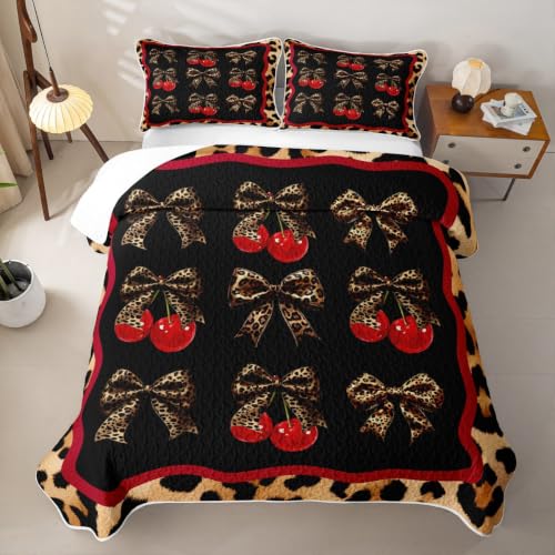 Chic Leopard Bowknot Kids Quilt Set Full Size,Cute Cherry Fruits Quilted Bedspread,Leopard Print Quilted Coverlet with 2 Pillow Sham,Black Red Bed Covers for All Season - color: Black Red, size: Full