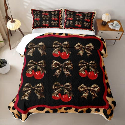 Chic Leopard Bowknot Kids Quilt Set Full Size,Cute Cherry Fruits Quilted Bedspread,Leopard Print Quilted Coverlet with 2 Pillow Sham,Black Red Bed Covers for All Season - color: Black Red, size: Full
