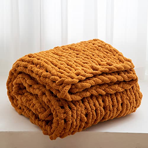 WESHIONGOO Chunky Knit Blanket Throw for Couch 51"×63" Burnt Orange | 100% Handmade Knitted Throw Blankets for Fall Throw Blanket Fluffy Soft Blanket with Jumbo Chenille Yarn Thick - color: Burnt Orange, size: 51"x63"(Large Size Throw)