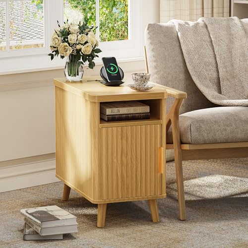 Huuger Narrow End Table with Charging Station, USB-C Port | Fluted Nightstand with Storage Cabinet, Back Rack, Farmhouse Side Table for Small Spaces, Night Stand, Walnut - color: Natural Wood