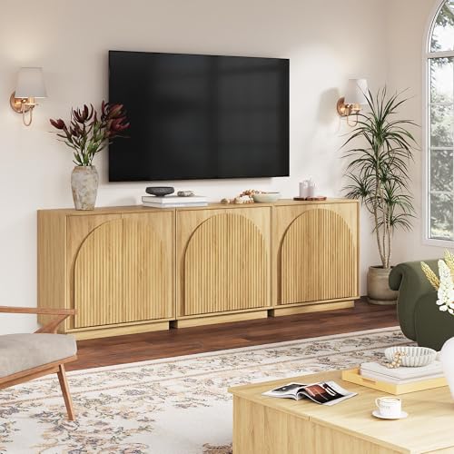 win2win 31.5" Small Buffet Cabinet with Storage, Arched Doors, Oak, 1PCS | Modern Console Cabinet for Dining Living Room Kitchen Entryway, Modular Accent Cabinet, Credenza with Wood Grain, Fluted - color: Oak