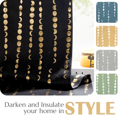 jinchan Boho Blackout Curtains 63 Inch Length Moon Phase Printed Drapes | Gold on Black Farmhouse Curtain for Bedroom Living Room Back Tab Rod Pocket Drapes Room Darkening Window Treatment 2 Panels - color: Luna | Gold on Black, size: 52"W x 63"L (Pack of