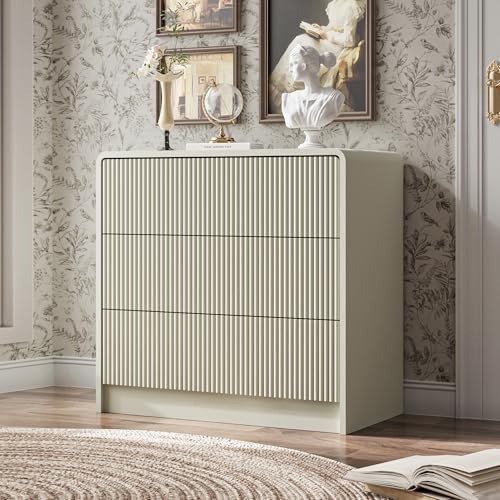 MAISONARIA Beige Curved 3 Drawer Dresser, Wide Modern Long Dresser for Bedroom, Living Room, or Entryway, Push to Open Storage Chest, Minimalist Scandinavian Style - color: Beige, size: 15.7"D x 31.5"W x 29.8"H (3 Drawers)