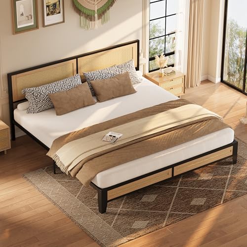 LIKIMIO King Rattan Bed Frame with Headboard, Boho Metal Platform Bed | Rattan headboard, 1100 lb support, metal slats, EVA pads, 9.8-inch underbed clearance, no box spring needed. - size: King