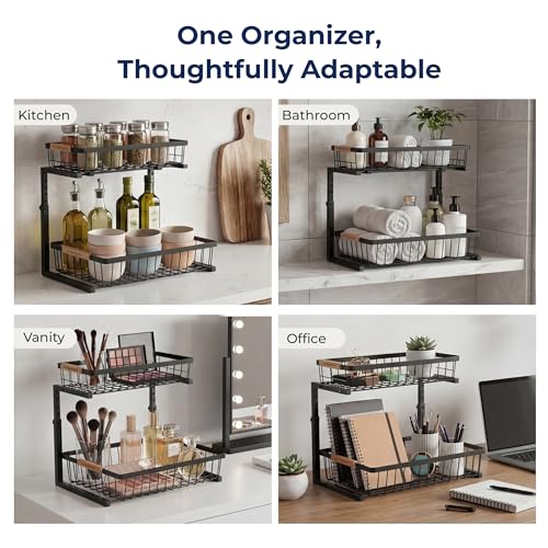 Under Sink Organizer with Motion-Activated LED Lights, 2 Pack, 2 Tier Sliding L-Shaped Carbon Steel Rack with Adjustable Height, Dividers & Hooks (Black) - color: Black