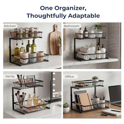 Under Sink Organizer with Motion-Activated LED Lights, 2 Pack, 2 Tier Sliding L-Shaped Carbon Steel Rack with Adjustable Height, Dividers & Hooks (Black) - color: Black