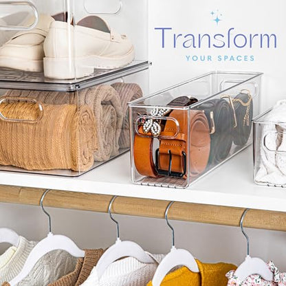 Plastic Food Storage 4 Pack Clear Container Bin with Handles for Organizing Kitchen, Pantry, Refrigerator, Freezer, Pantry, Cabinet, Closet, Bathroom. 14”x4”x5” - size: 14x4x5