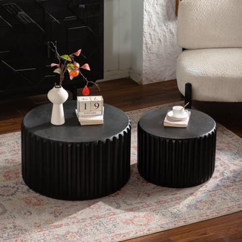46.46'' White Round Coffee Table Set of 2, Modern Circle Fluted Drum Nesting Elegnant Coffee Table for Living Room, No Assembly, Black - color: M5-46.46in-black