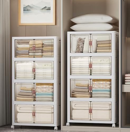 Stackable Storage Bins, 896QT Collapsible Drawers with 2 Lids | Large Capacity, Magnetic Door, Stack Lock, Rolling Wheels, Foldable Design, Organizers and Storage for Bedroom Dorm Garage - color: White-112qt, size: 8Pack with 2 top lids