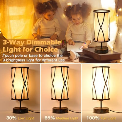 Distressed Table Lamps for Living Room, 3 Way Dimmable Touch Lamps, Small Bedside Lamps with LED Bulbs, USB Ports C+A, Nightstand Lamp for Kids Room, Bedroom, Office (1 Pack Iron) - size: 1 Pack Iron