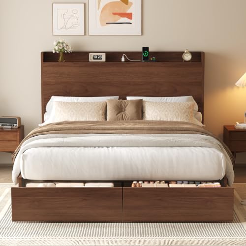 Full Size Bed Frame with Storage Headboard & 2 Drawers, Mid-Century Modern Platform Bed with Charging Station & Shelf, Wooden Slat Support, No Box Spring Needed(Full) - size: Full