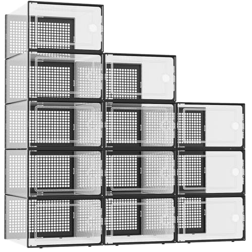 Kuject XX-Large Shoe Storage Boxes 12 Pack, Clear Stackable Shoe Organizer | Shoe Case for Closet, Entryway & Under-Bed Storage, Drop-Front Design, Space-Saving Solution for Family Organization,Black - color: Black, size: XX-Large