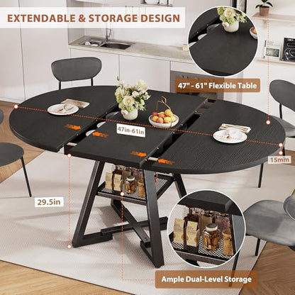 Extendable Dining Table for 4-8, Round Extendable Dining Room Table with Removable Leaf & Storage Shelf, Expandable Oval Kitchen Table with Pedestal Base, Modern Industrial Space Saving (Black) - color: Black
