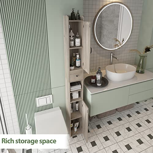 Bathroom Cabinet with Adjustable Shelf, Storage Cabinet for Small Space, Tall Bathroom Storage Cabinet with Retractable Toilet Paper Rod, Narrow Cabinet with 2 Doors, 8 Compartment, Brown Gray