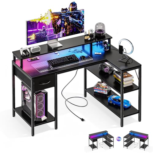 DUMOS Gaming Desk, Monitor Stand, LED Lights, Storage Shelves | USB Charging Ports, Power Outlets, Reversible L Shaped Corner, Small Spaces, Black - color: Black, size: 31.5‘’x 31.8'' x 47''