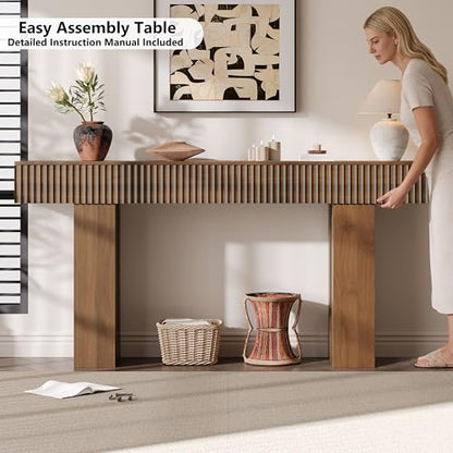 60-Inch Long Entryway Table with Built-in Power Outlet and App & Button-Controlled RGB Light, Thick Wood Farmhouse Console Table for Behind Sofa, Narrow Hallway, Living Room, Foyer, Entrance, Walnut - color: Walnut, size: 60 Inch