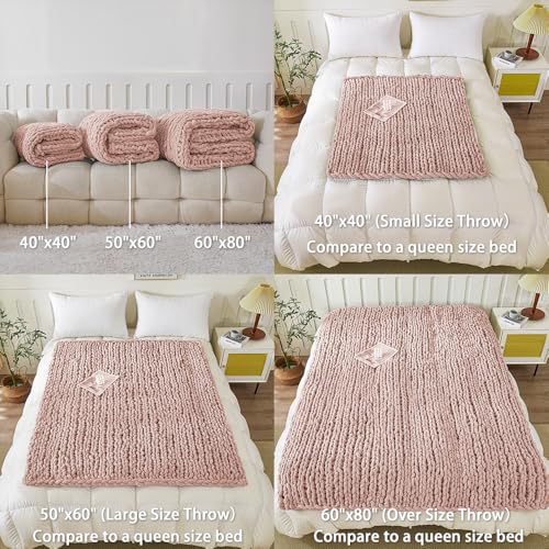 WESHIONGOO Chunky Knit Blanket Throw for Couch Bed 40"×40" Pink | 100% Handmade Knitted Throw blankets Fluffy Soft Blanket With Jumbo Chenille Yarn Thick - color: Pink, size: 40"x40"(Small Size Throw)