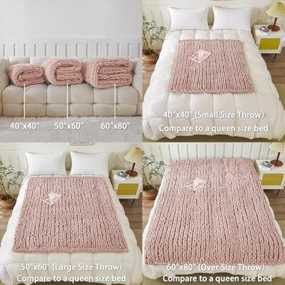 WESHIONGOO Chunky Knit Blanket Throw for Couch Bed 40"×40" Pink | 100% Handmade Knitted Throw blankets Fluffy Soft Blanket With Jumbo Chenille Yarn Thick - color: Pink, size: 40"x40"(Small Size Throw)
