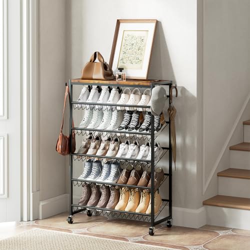 6 Tier Rotating Vertical Shoe Rack Tower, Wooden Shoe Storage Organizer with Hooks, Sturdy Metal Narrow Shoe Shelf for 18-24 Pairs, Vertical Shoe Organizer for Closet Entryway, Rustic Brown - size: 6-tier(27.8 × 11.2 × 38.6)