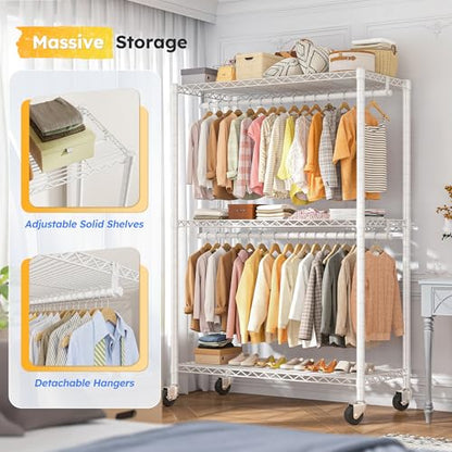 Raybee Heavy Duty Clothes Rack, 45" W Clothing Racks for Hanging Clothes, Clothing Rack with Wheels and Adjustable Feet, Max Load 440LBS, White - color: White