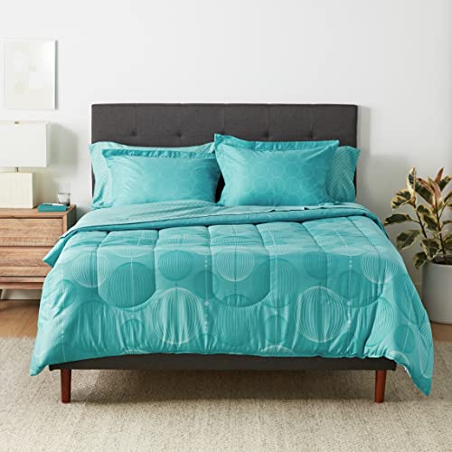 Amazon Basics Full/Queen Comforter Set with Geometric Sheets, 7-Piece Industrial Teal Bedding, Lightweight Microfiber Bed-in-a-Bag - color: Industrial Teal, size: Full/Queen, style: 1-Pack