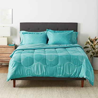 Amazon Basics Full/Queen Comforter Set with Geometric Sheets, 7-Piece Industrial Teal Bedding, Lightweight Microfiber Bed-in-a-Bag - color: Industrial Teal, size: Full/Queen, style: 1-Pack