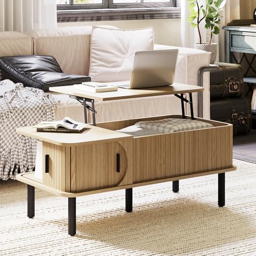 Lift Top Coffee Table,Wooden Rectangle Coffee Table with Hidden Storage Space,Metal Handles,Metal Legs,Mid Century Modern Style,Suitable for Living Room,Office,Apartment. (A-Lift Coffee Table-Oak) - color: A-lift Coffee Table-oak