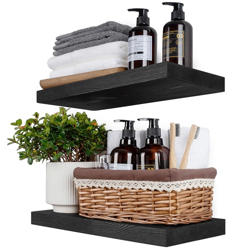 BGMG Wood Floating Shelves 18 inch,Black Floating Shelves,Solid Wood Wall Shelves for Bathroom Living Room Bedroom Kitchen Farmhouse Set of 2-18x 6.7 x1.25 inch - color: Black, size: 18 inch